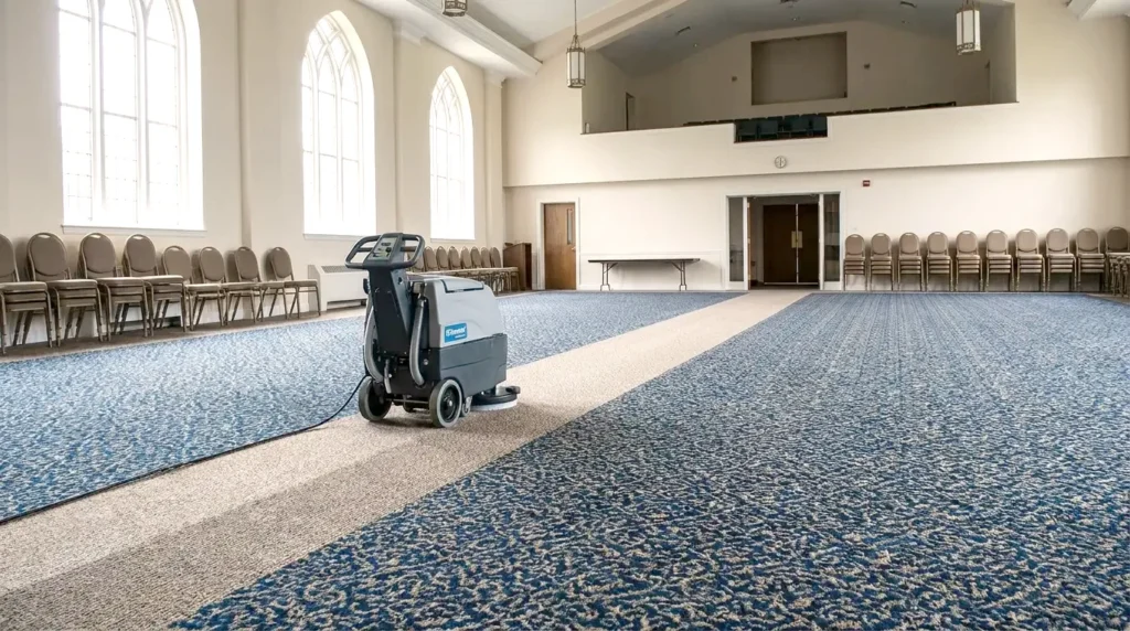 Church fellowship hall with carpeted aisle and stacking chairs