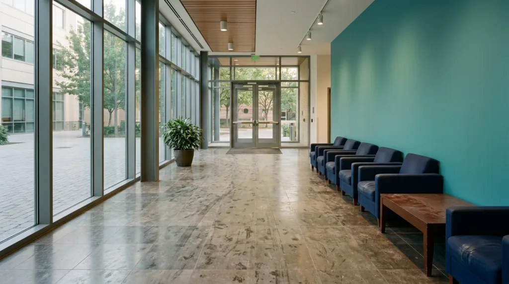 Commercial building lobby before service