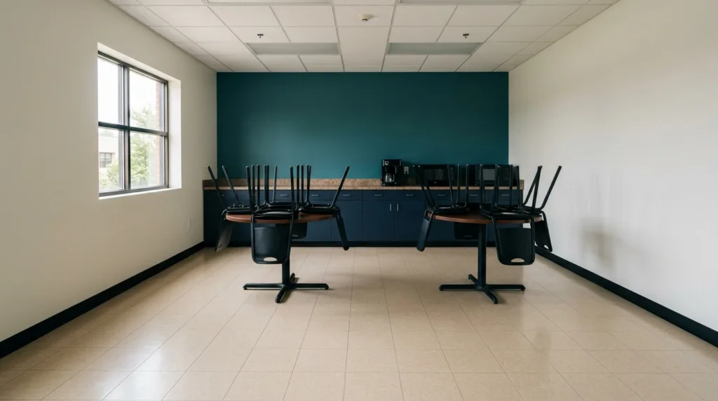 The same breakroom floor after service, uniformly clean