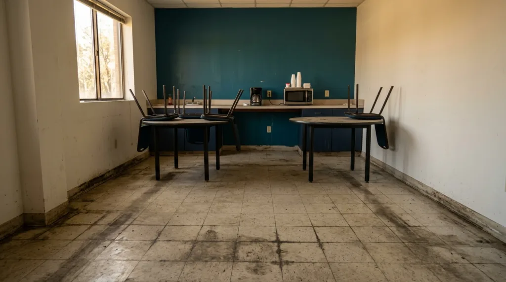 Commercial breakroom floor before service, showing traffic lanes and soiling