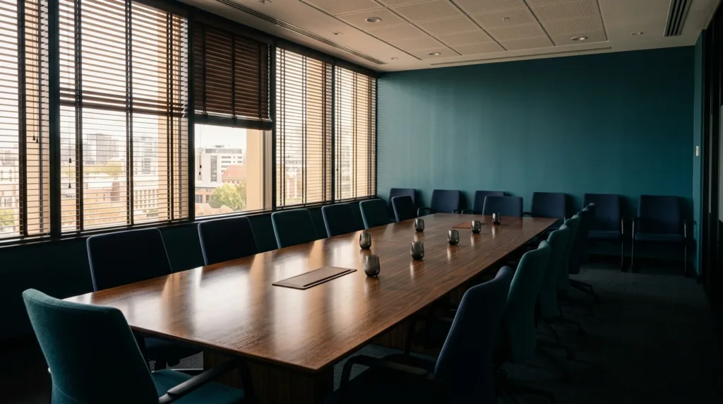 Empty corporate boardroom with conference table and chairs set evenly