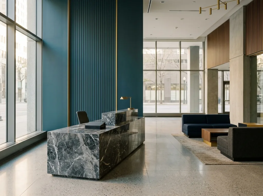 Commercial office lobby with stone reception desk