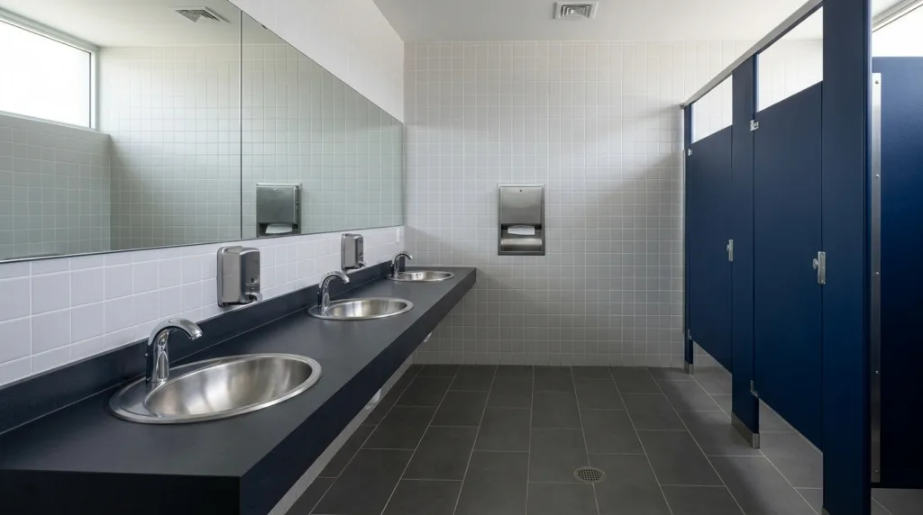 Commercial restroom fixtures and surfaces after service