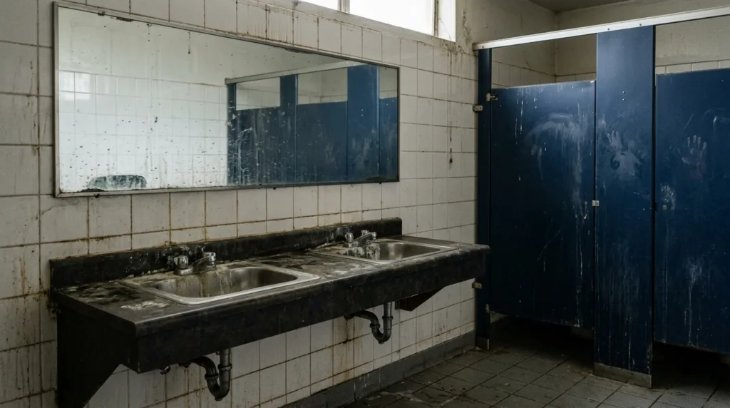 Commercial restroom fixtures and surfaces before service