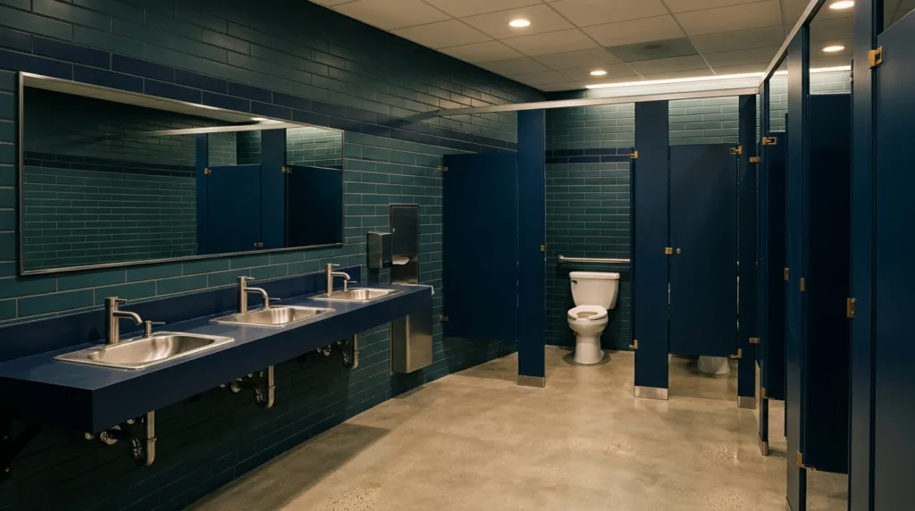 Immaculate commercial restroom with clean hard surfaces