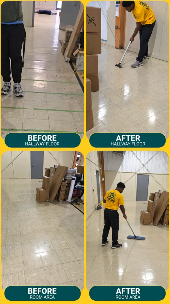 Before and after photos of a hallway floor and room area cleaned by Divine Cleaning and Janitorial after construction