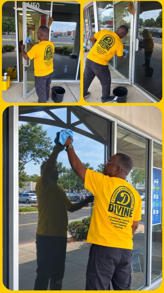 Three photos of Divine Cleaning and Janitorial team members cleaning storefront windows and glass doors
