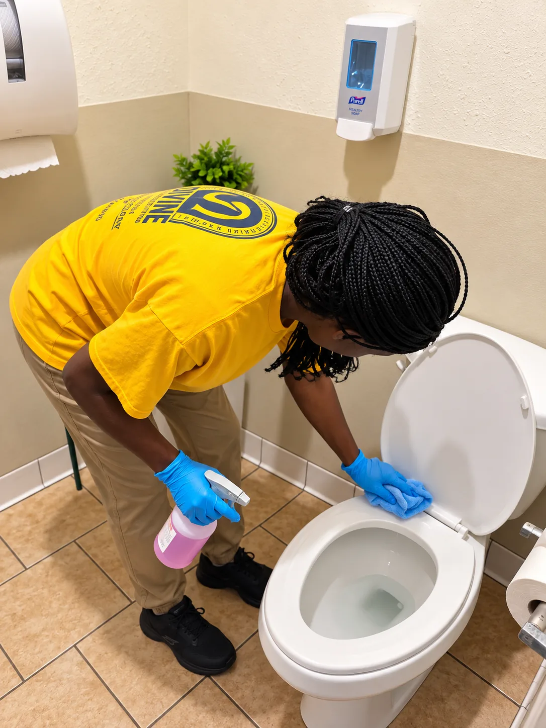 Divine Cleaning and Janitorial team member in gloves cleaning a restroom toilet
