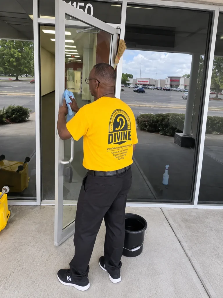 Divine Cleaning and Janitorial team member cleaning a storefront glass door