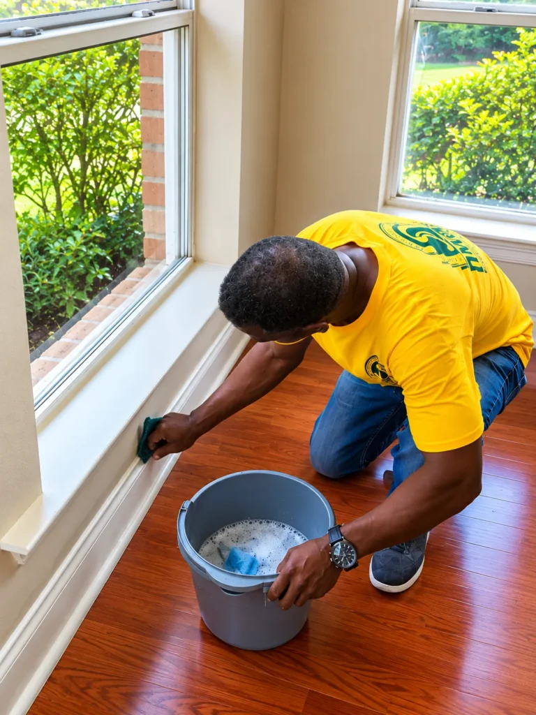 Divine Cleaning and Janitorial team member cleaning a window sill with a cloth and bucket