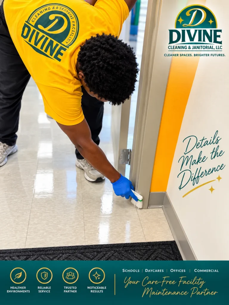 Divine Cleaning and Janitorial team member detail cleaning a door frame, with the words Details Make the Difference