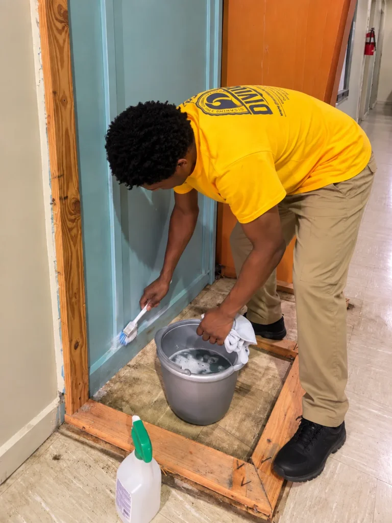 Divine Cleaning and Janitorial team member detail cleaning a door threshold with a brush, bucket and spray cleaner
