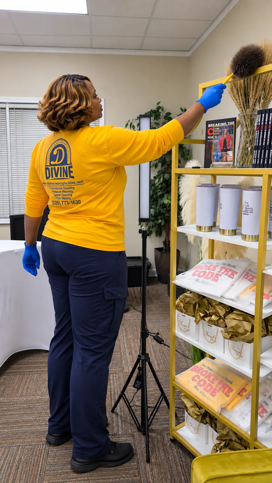 Divine Cleaning and Janitorial team member dusting display shelves with a duster