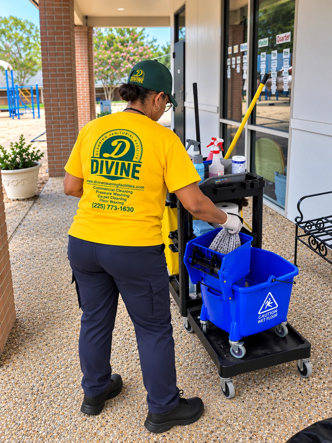 Divine Cleaning and Janitorial team member with a stocked janitorial cart on a covered walkway outside a facility