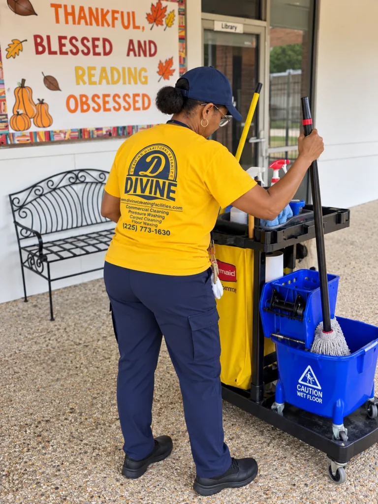 Divine Cleaning and Janitorial team member with a janitorial cart and mop bucket outside a school entrance