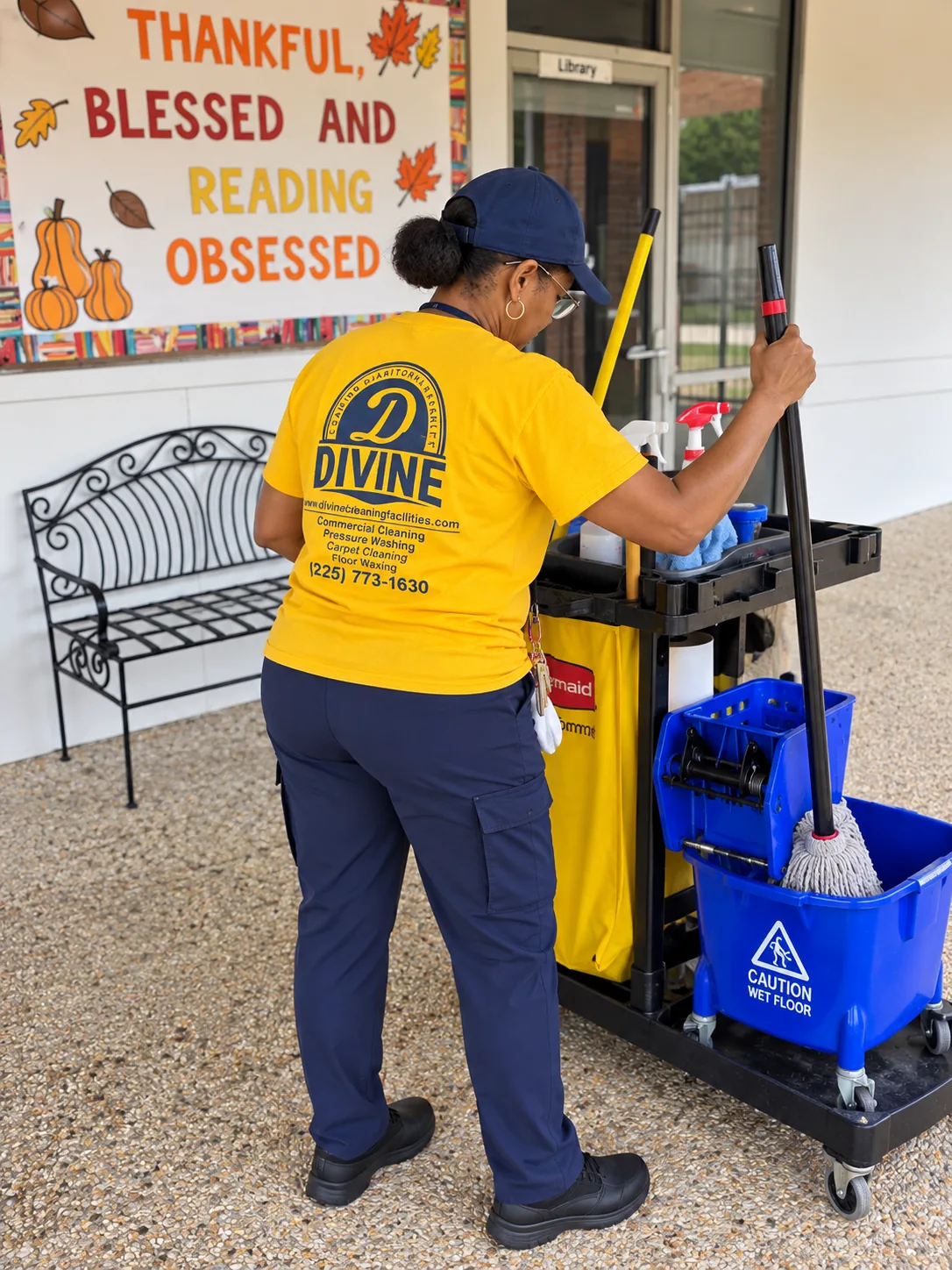 Divine Cleaning and Janitorial team member with a janitorial cart and mop bucket outside a school entrance