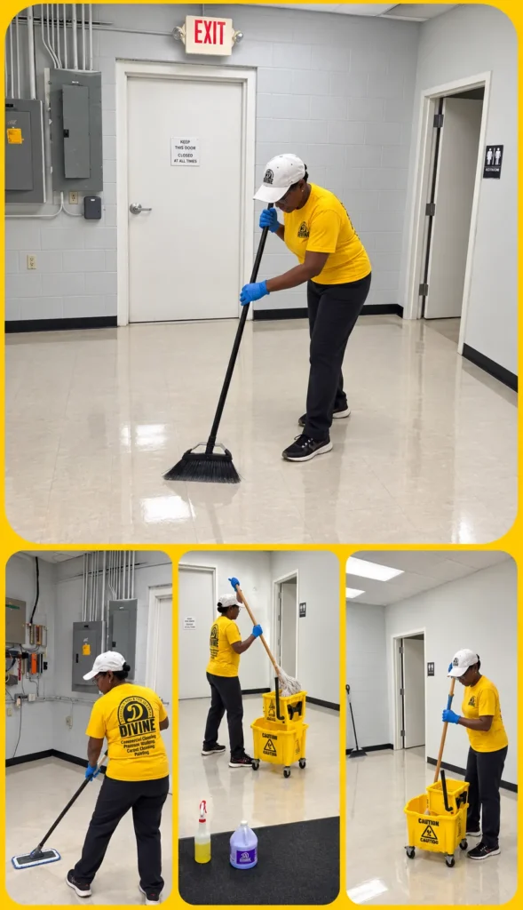Four photos of a Divine Cleaning and Janitorial team member mopping a commercial floor