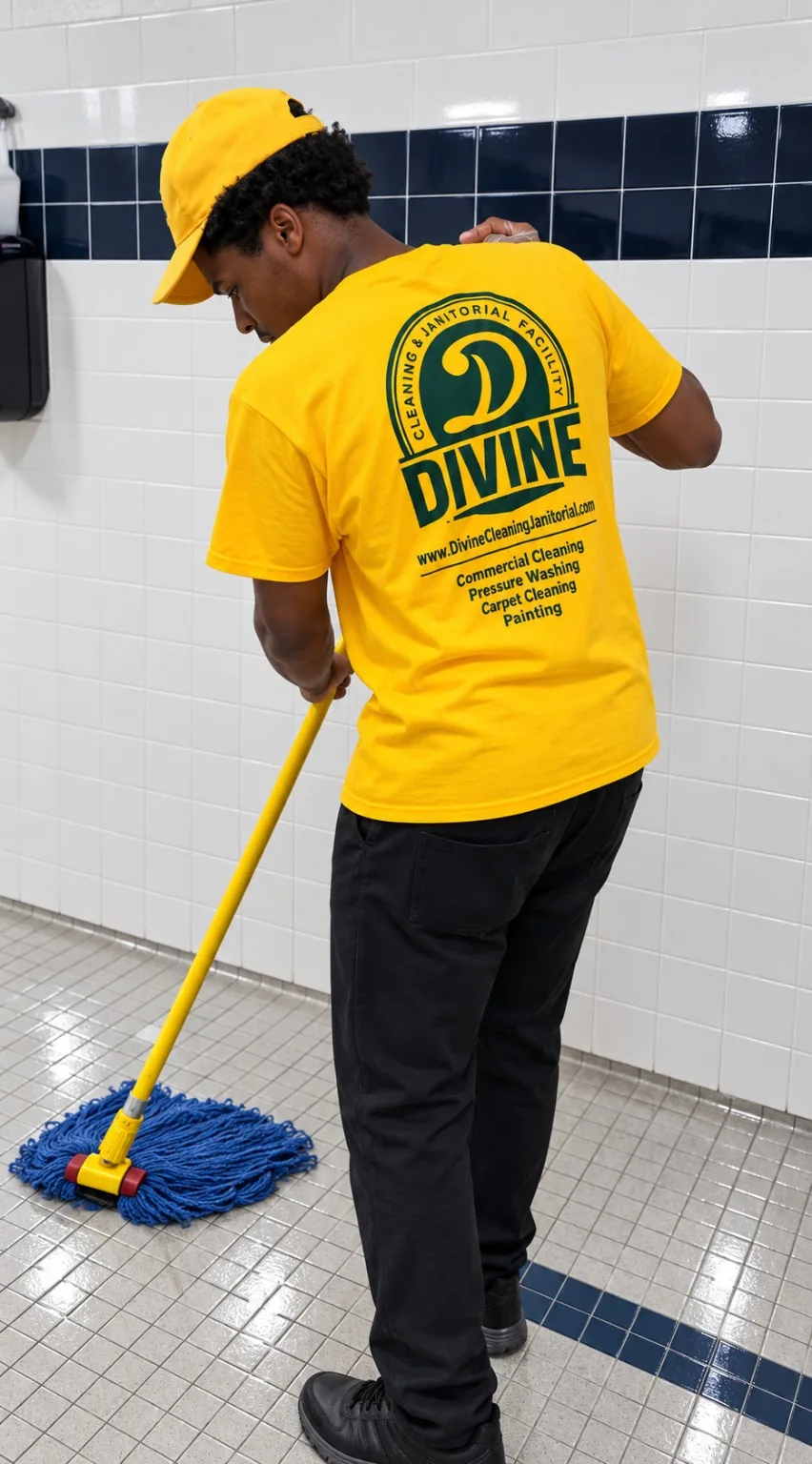 Divine Cleaning and Janitorial team member in a yellow Divine shirt mopping a tiled commercial restroom floor