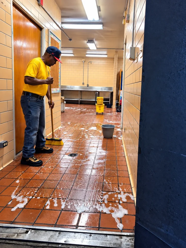 Divine Cleaning and Janitorial team member scrubbing a soapy quarry tile floor in a commercial kitchen corridor