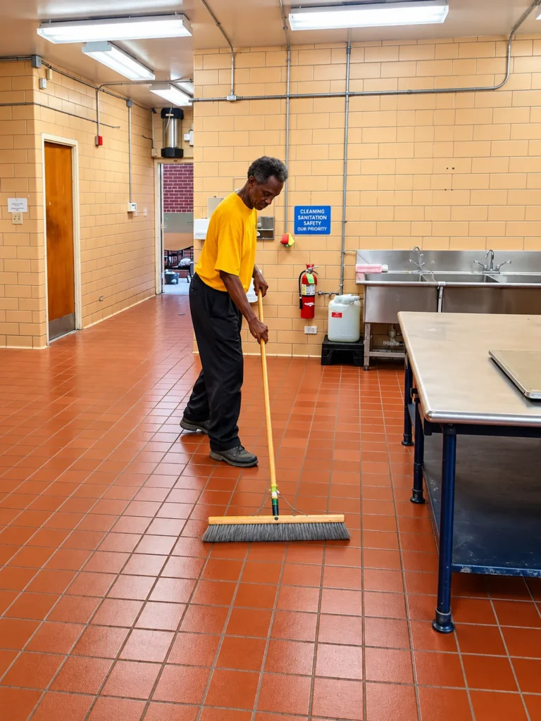 Divine Cleaning and Janitorial team member sweeping a quarry tile floor in a commercial kitchen