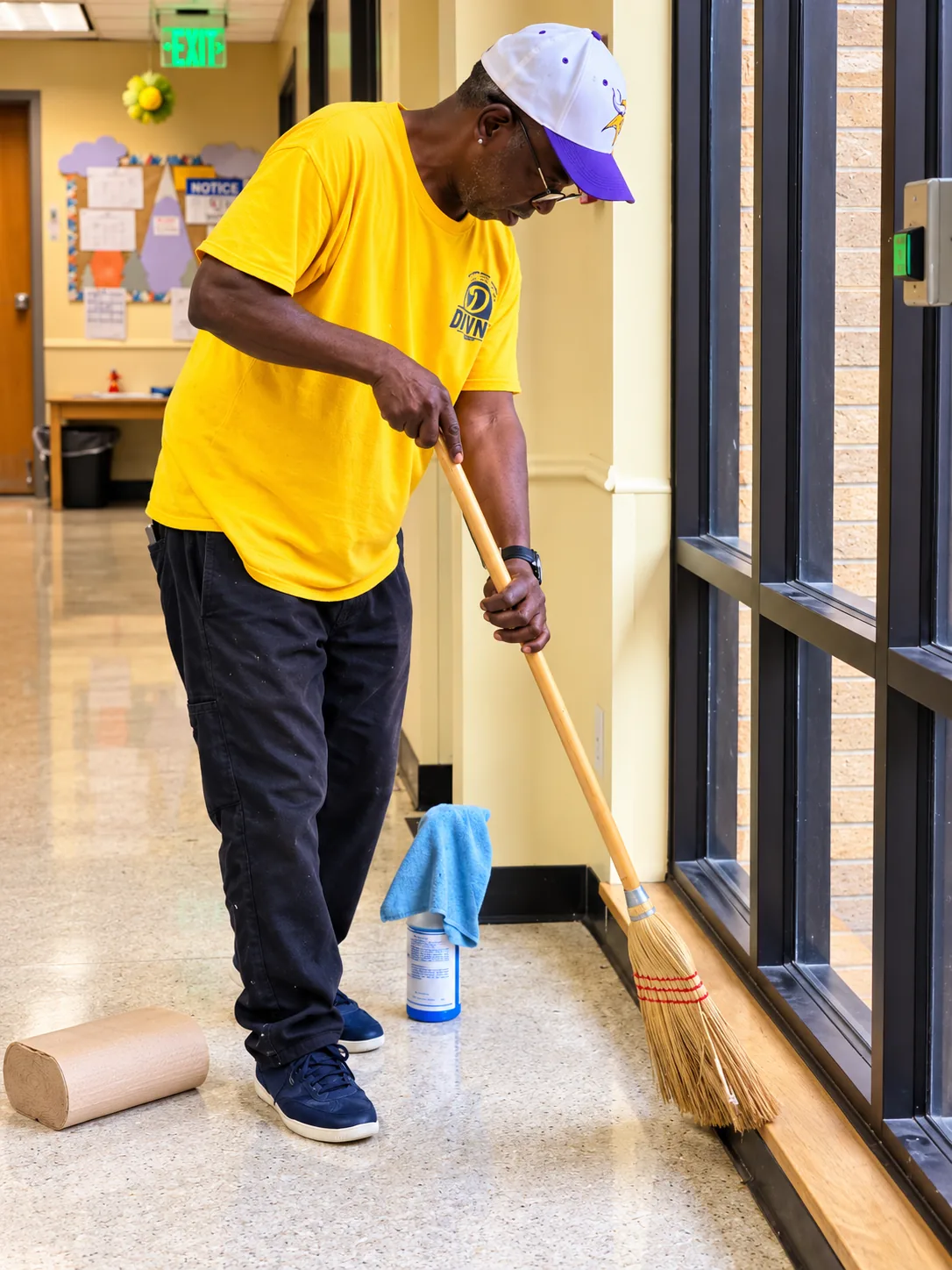 Divine Cleaning and Janitorial team member sweeping a hallway beside a wall of windows