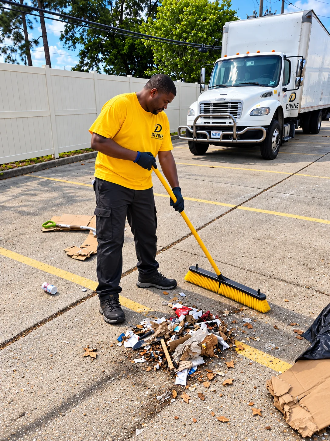Divine Cleaning and Janitorial team member sweeping debris in a parking lot