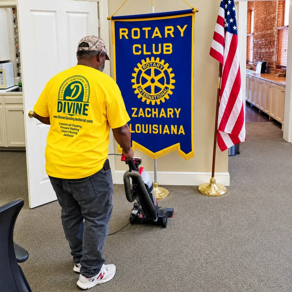 Divine Cleaning and Janitorial team member vacuuming carpet beside the Rotary Club of Zachary, Louisiana banner