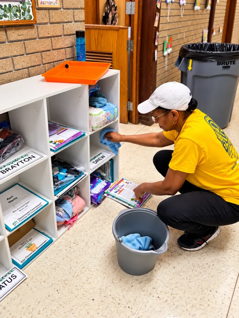 Divine Cleaning and Janitorial team member wiping down classroom storage cubbies
