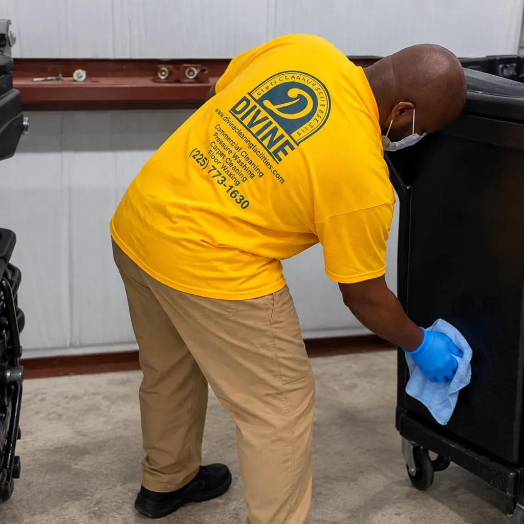 Divine Cleaning and Janitorial team member wiping down a trash receptacle with a cloth