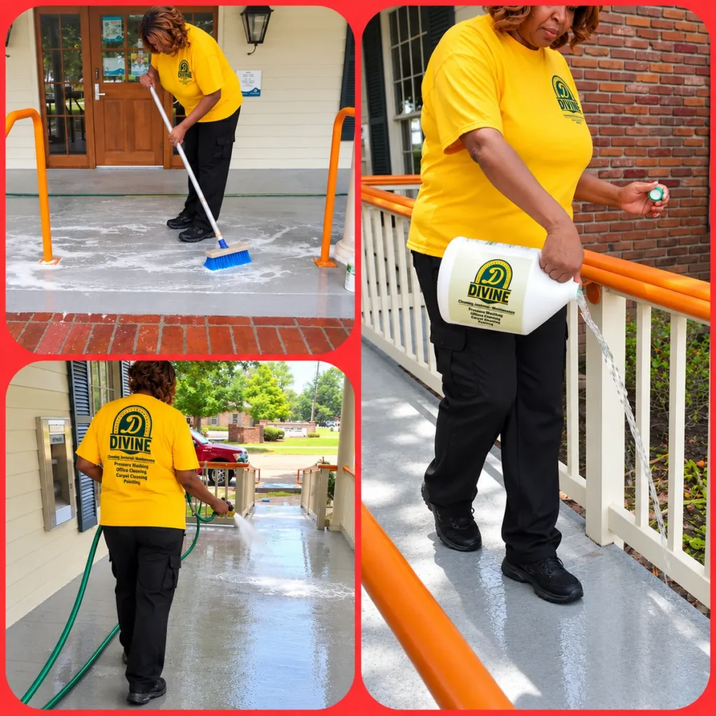 Three photos of Divine Cleaning and Janitorial team members washing a covered porch and walkway